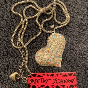 On sale! BJ necklace, different size rhinestones on white heart. Drop is 12”.